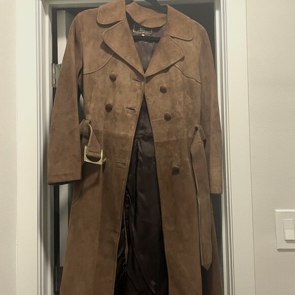 【vintage】suede long coat Womens Vintage Suede Long Coat with Belt - Double Breasted
